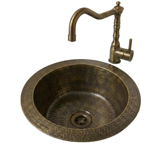 Hammered Antique Brass Bar Sink – Solid Round Drop-In Prep Sink with Aged Patina Finish - Brasska