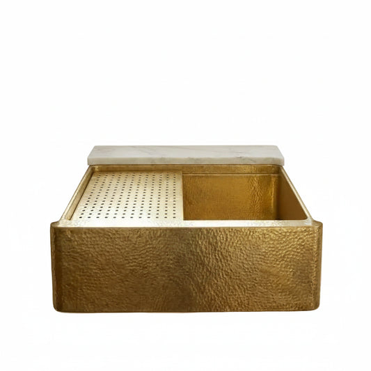 Hammered Brass Farmhouse Apron-Front Sink with Drain Grid - Brasska
