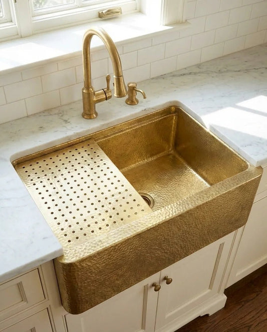 Hammered Brass Farmhouse Apron-Front Sink with Drain Grid - Brasska