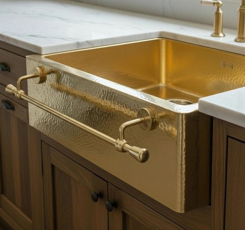 Hammered Brass Farmhouse Sink – Apron Brass Front Basin with Towel Bar - Brasska