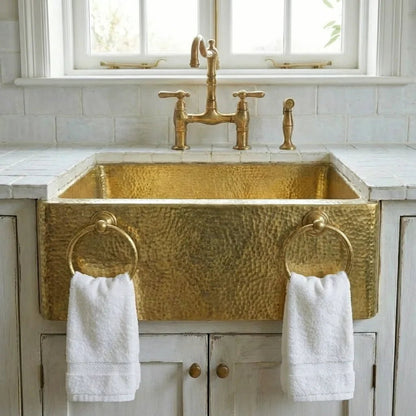Hammered Brass Farmhouse Sink with Towel Rings – Handmade Apron-Front Kitchen Sink - Brasska