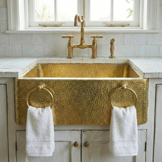 Hammered Brass Farmhouse Sink with Towel Rings – Handmade Apron-Front Kitchen Sink - Brasska