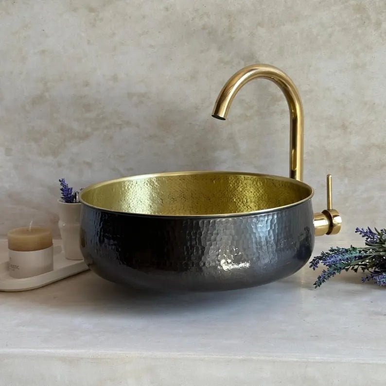Hammered Brass Vessel Sink – Gold Interior Finish - Brasska