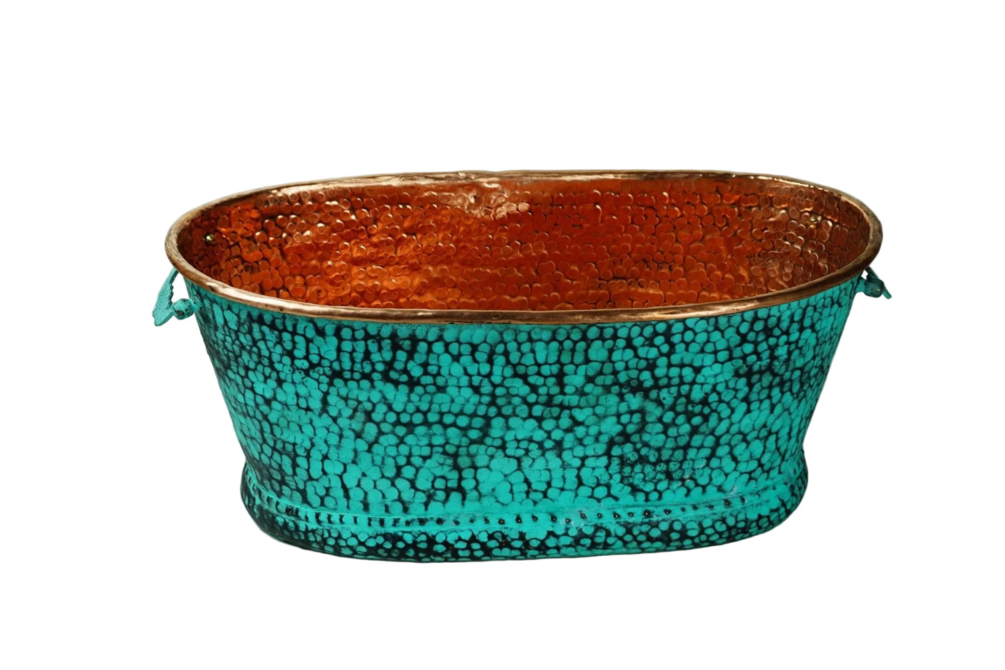 Hammered Copper Beverage Tub – Oval Ice Bucket with Verdigris Patina & Handles - Brasska