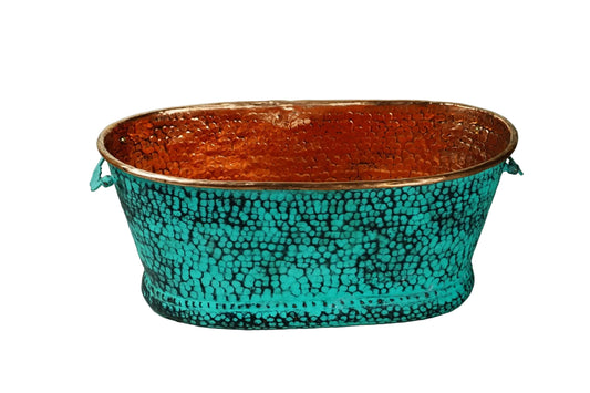 Hammered Copper Beverage Tub – Oval Ice Bucket with Verdigris Patina & Handles - Brasska