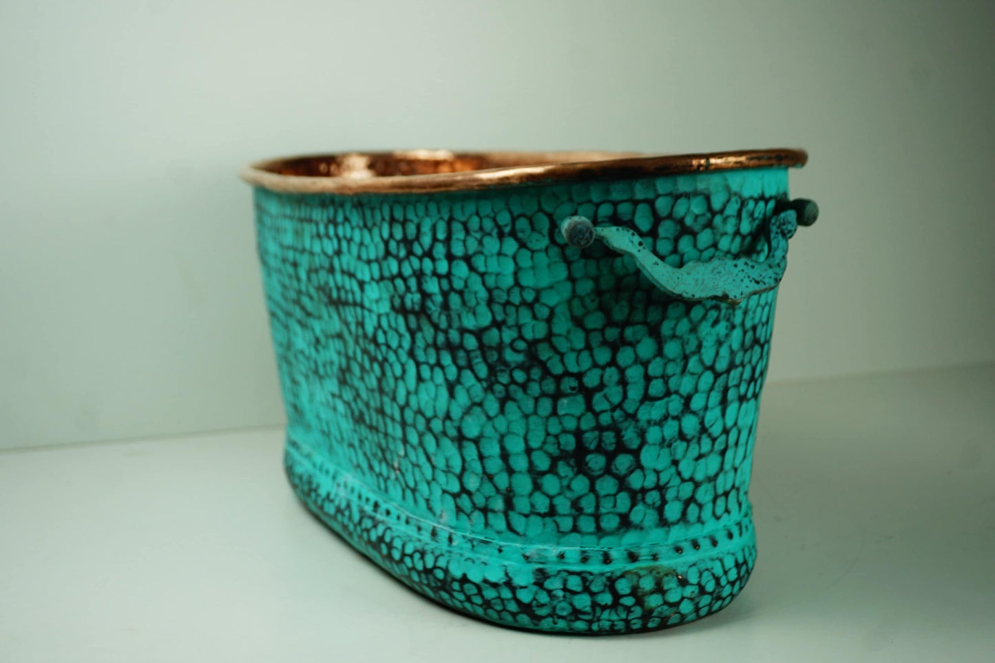 Hammered Copper Beverage Tub – Oval Ice Bucket with Verdigris Patina & Handles - Brasska