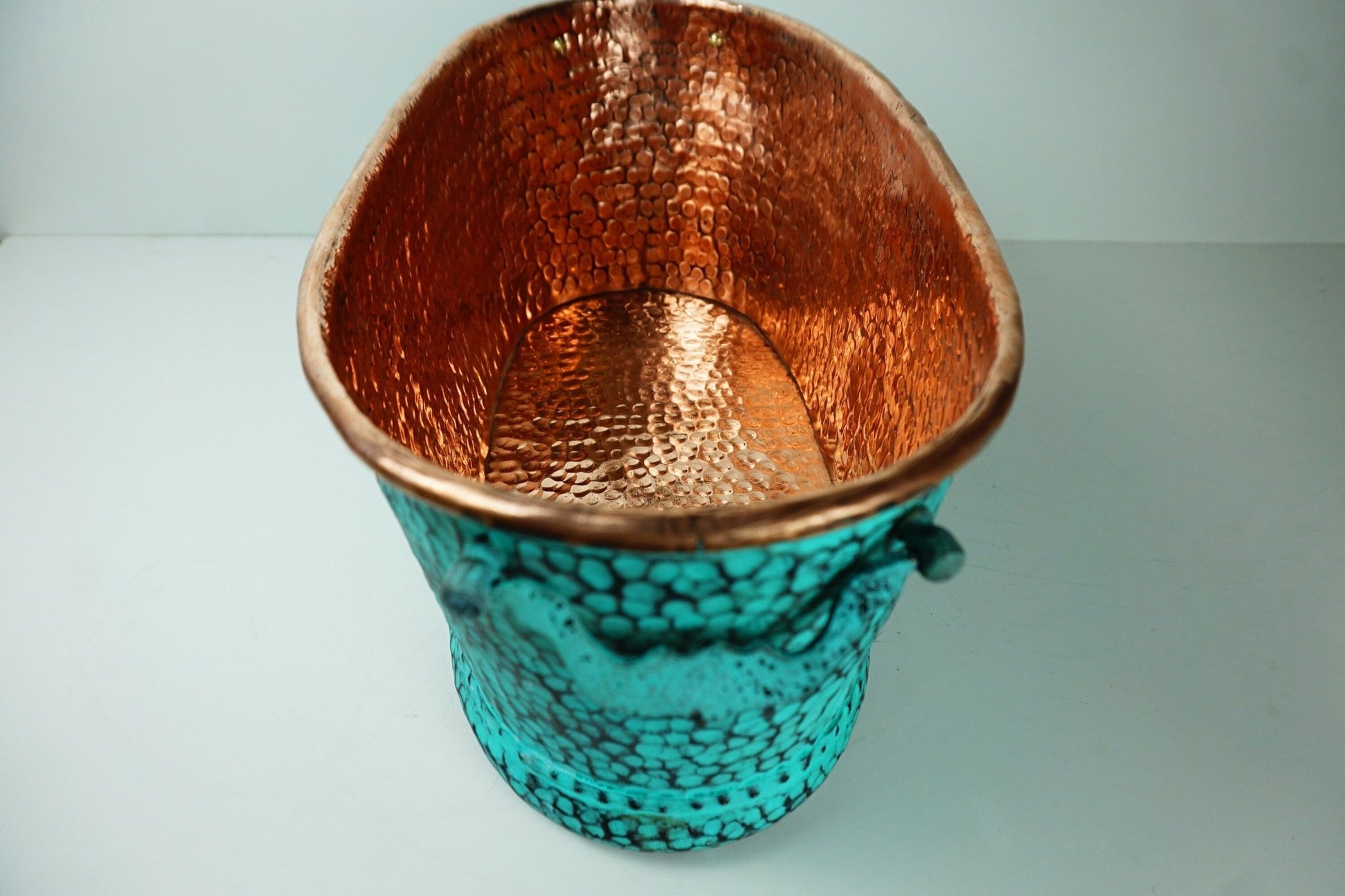 Hammered Copper Beverage Tub – Oval Ice Bucket with Verdigris Patina & Handles - Brasska