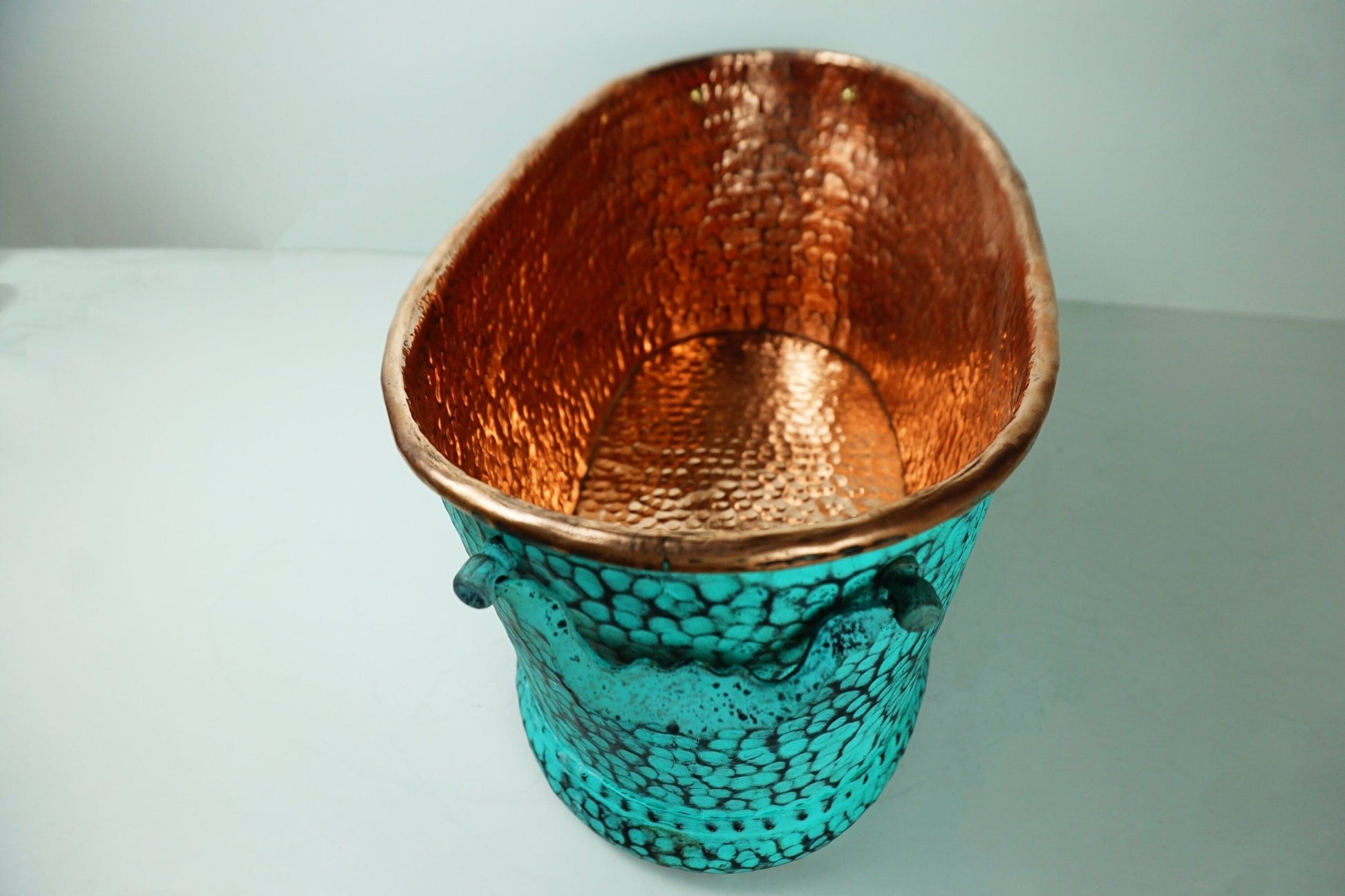 Hammered Copper Beverage Tub – Oval Ice Bucket with Verdigris Patina & Handles - Brasska