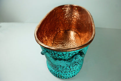 Hammered Copper Beverage Tub – Oval Ice Bucket with Verdigris Patina & Handles - Brasska
