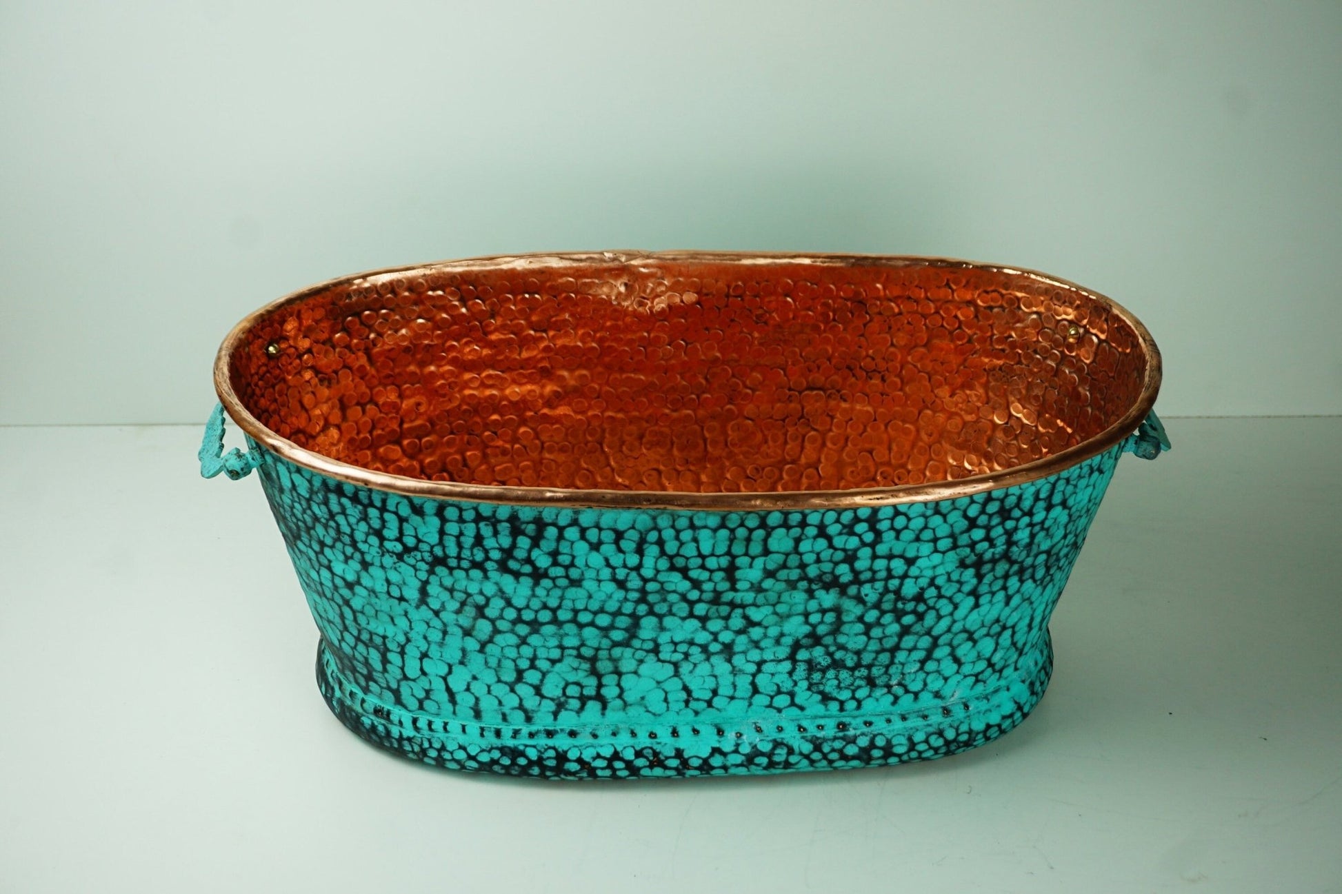 Hammered Copper Beverage Tub – Oval Ice Bucket with Verdigris Patina & Handles - Brasska