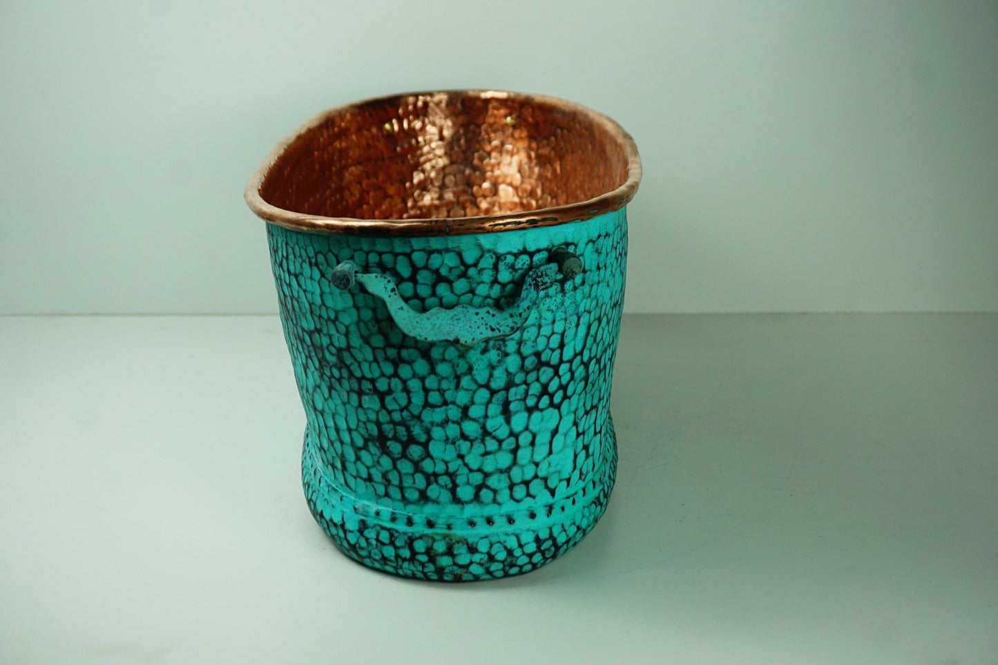 Hammered Copper Beverage Tub – Oval Ice Bucket with Verdigris Patina & Handles - Brasska