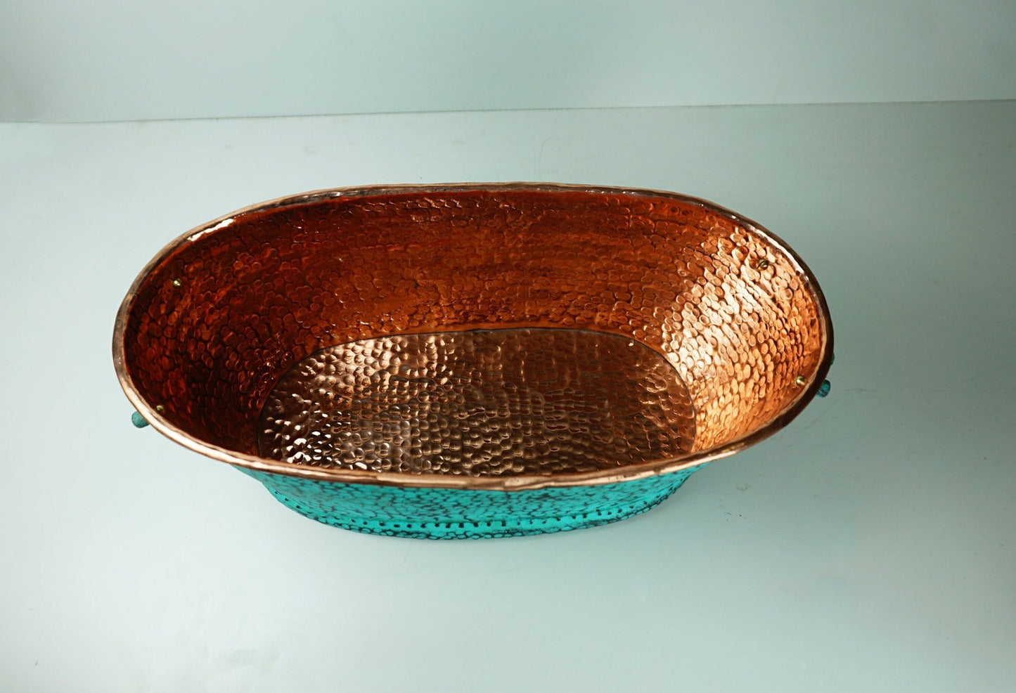 Hammered Copper Beverage Tub – Oval Ice Bucket with Verdigris Patina & Handles - Brasska