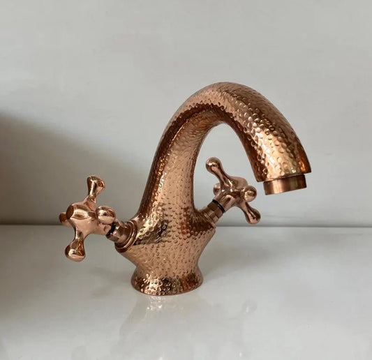 Hammered Copper Deck-Mount Bathroom Faucet – Dual Handle - Brasska