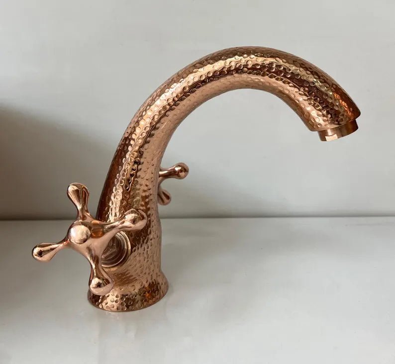 Hammered Copper Deck-Mount Bathroom Faucet – Dual Handle - Brasska
