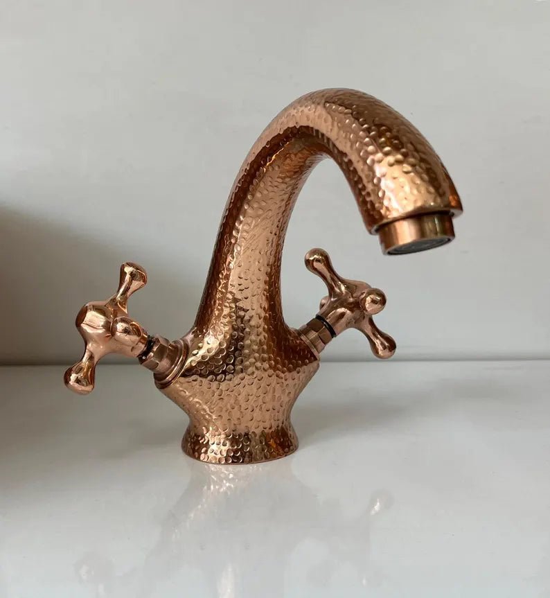 Hammered Copper Deck-Mount Bathroom Faucet – Dual Handle - Brasska