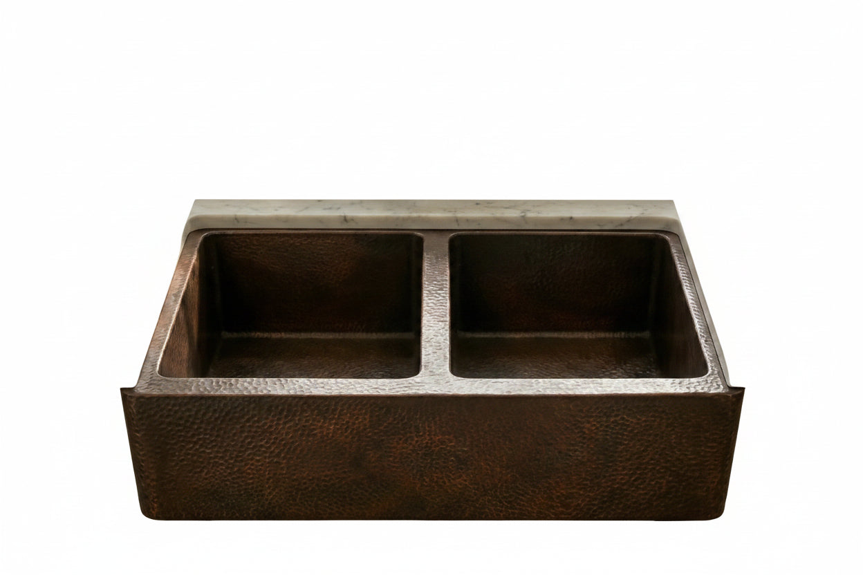 Hammered Copper Double Bowl Farmhouse Sink - Nocturn - Brasska