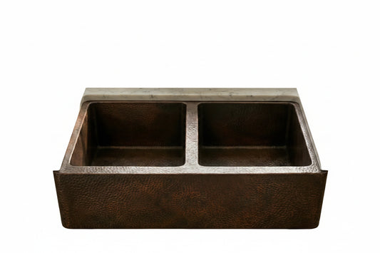 Hammered Copper Double Bowl Farmhouse Sink - Nocturn - Brasska
