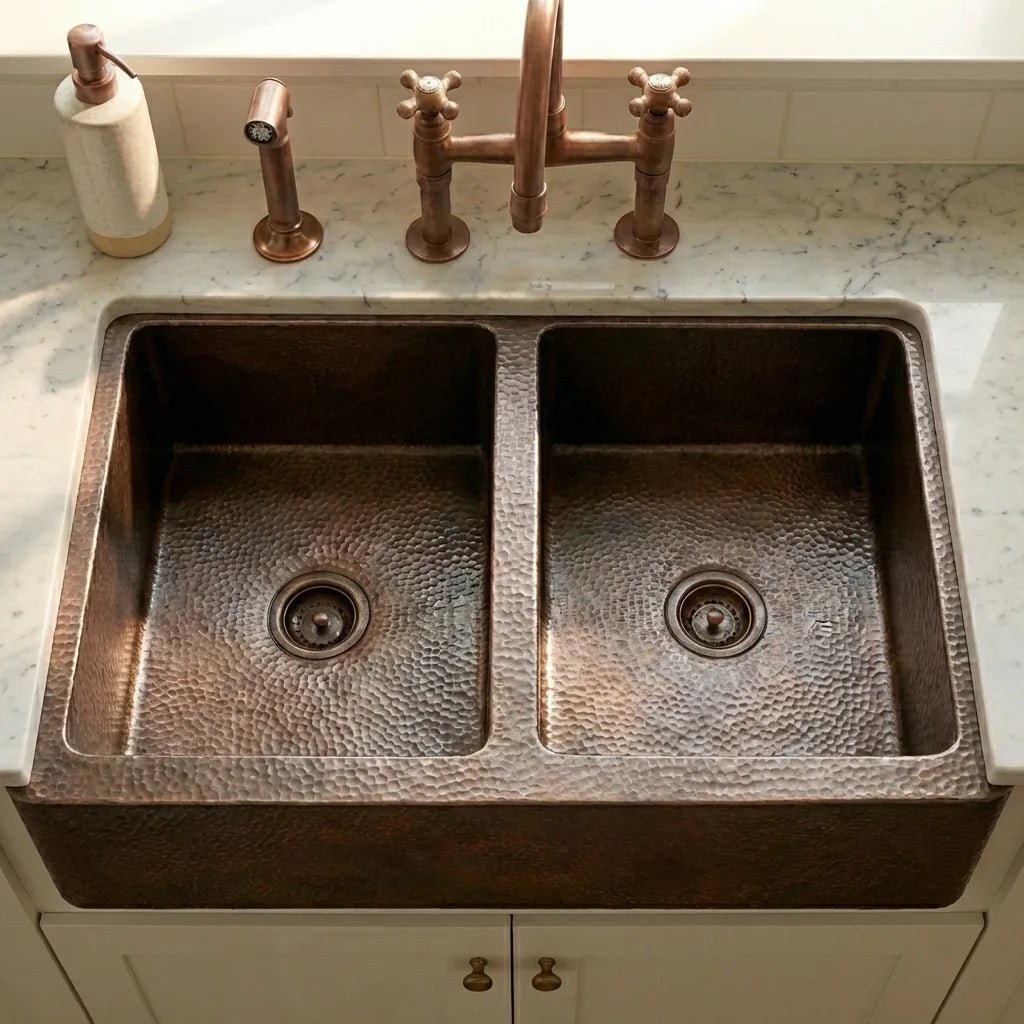 Hammered Copper Double Bowl Farmhouse Sink - Nocturn - Brasska