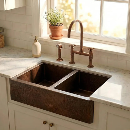 Hammered Copper Double Bowl Farmhouse Sink - Nocturn - Brasska