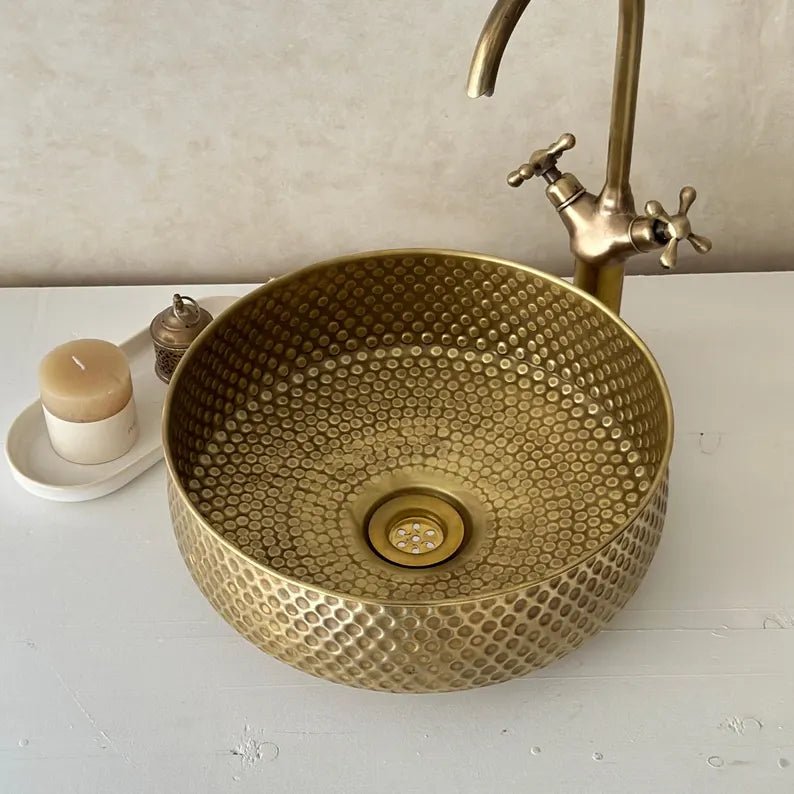 Hammered Copper Vessel Sink – Round Handcrafted Bathroom Basin - Brasska