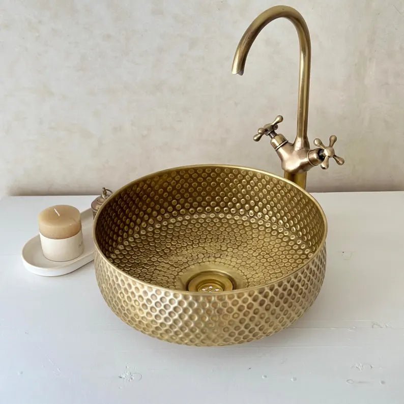 Hammered Copper Vessel Sink – Round Handcrafted Bathroom Basin - Brasska