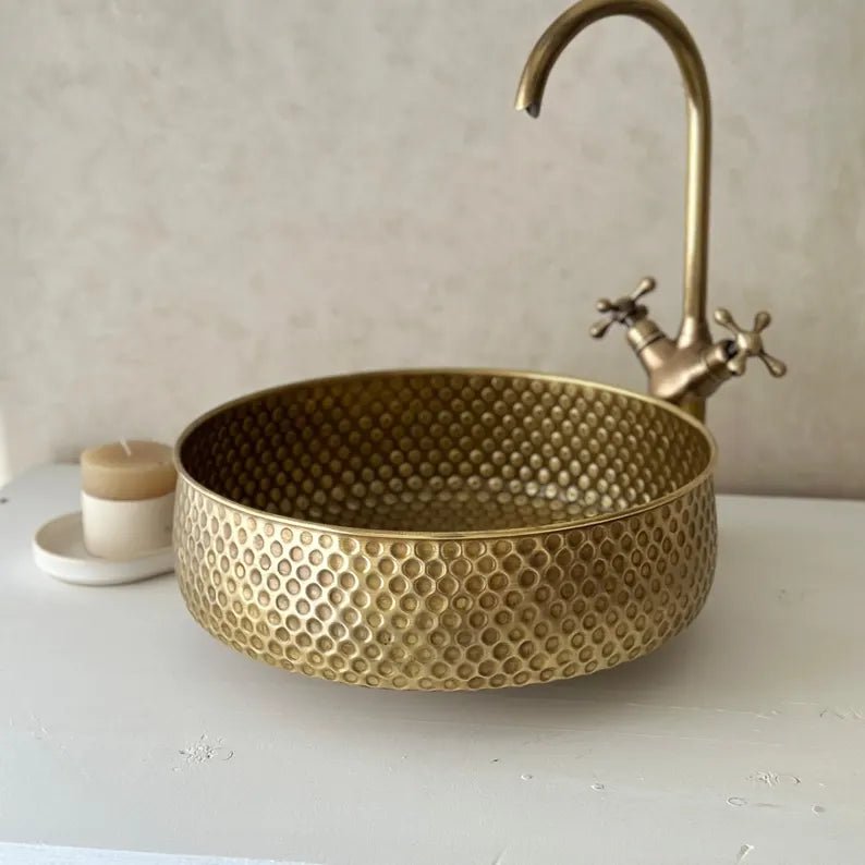 Hammered Copper Vessel Sink – Round Handcrafted Bathroom Basin - Brasska