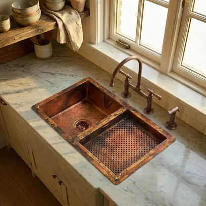 Hammered Double Bowl Copper Undermount Kitchen Sink - Zeta - Brasska