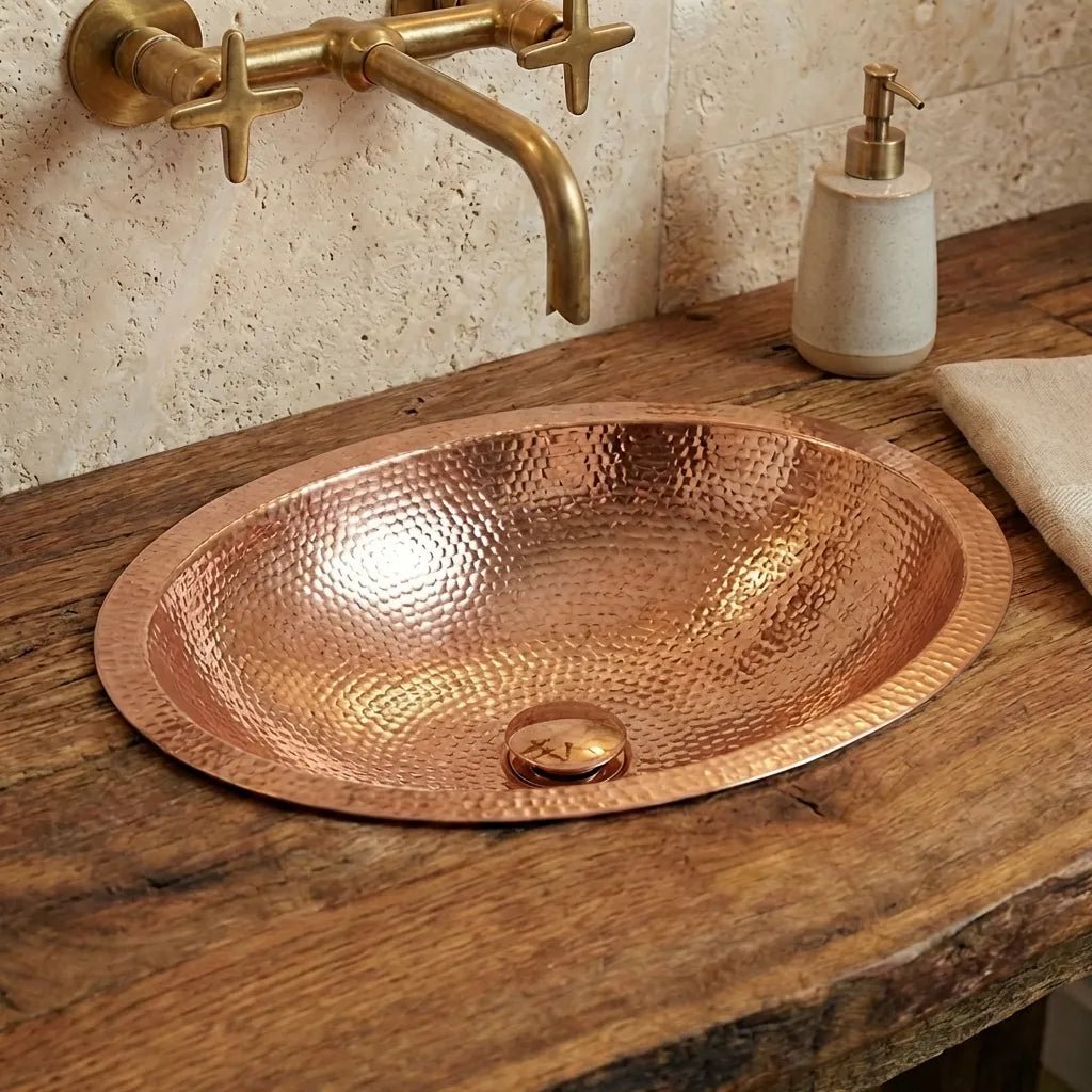 Hammered Oval Copper Vessel Sink – Handmade Drop-In Bathroom Basin - Brasska