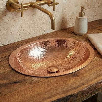 Hammered Oval Copper Vessel Sink – Handmade Drop-In Bathroom Basin - Brasska