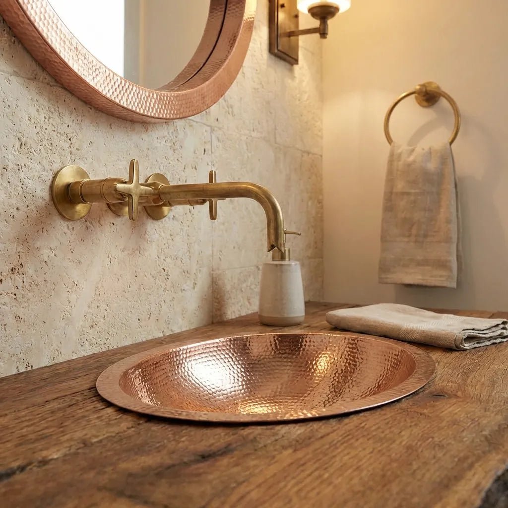 Hammered Oval Copper Vessel Sink – Handmade Drop-In Bathroom Basin - Brasska