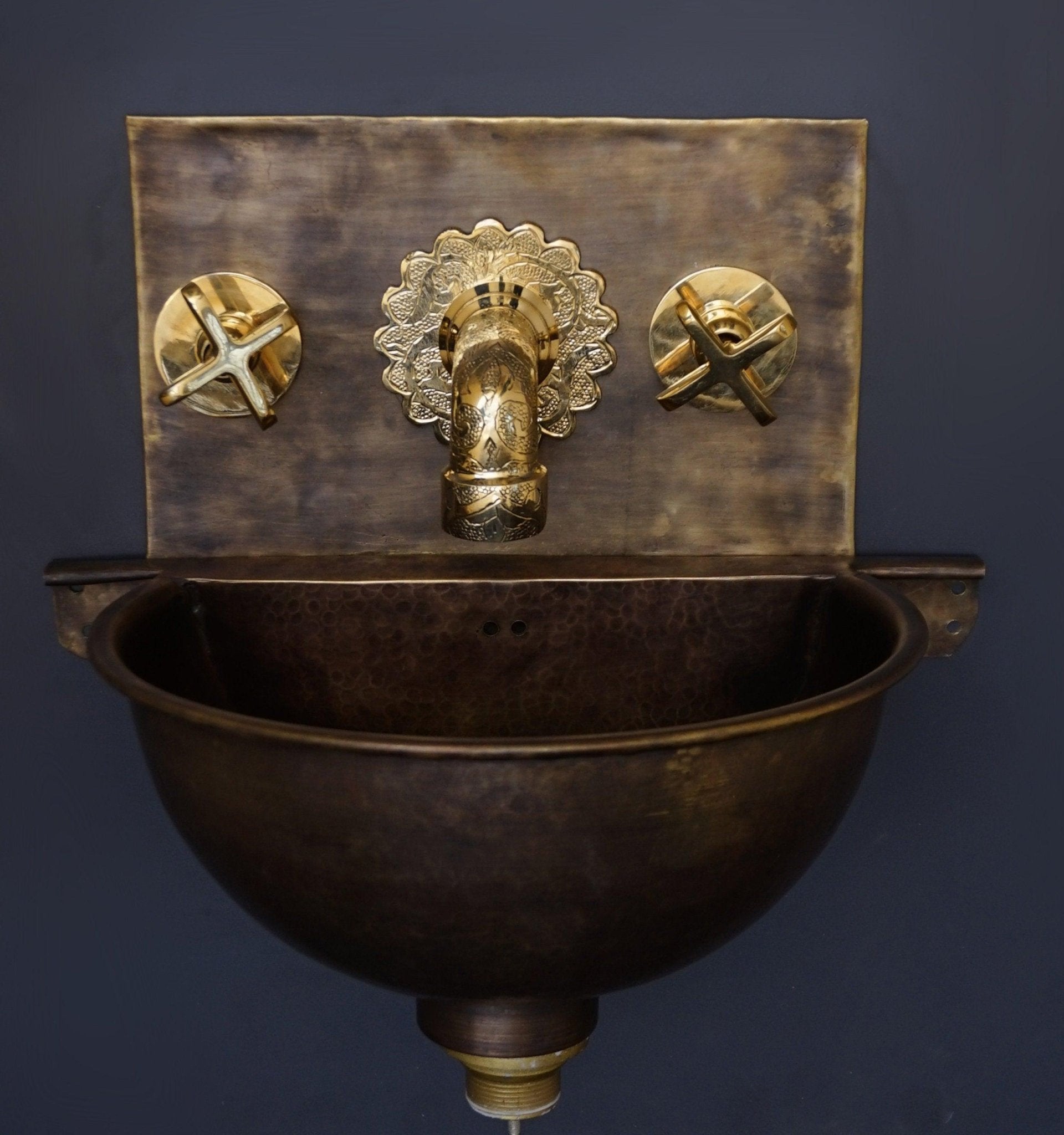 Hammered Patina Brass Wall Mount Sink With Solid Brass Faucet - Brasska