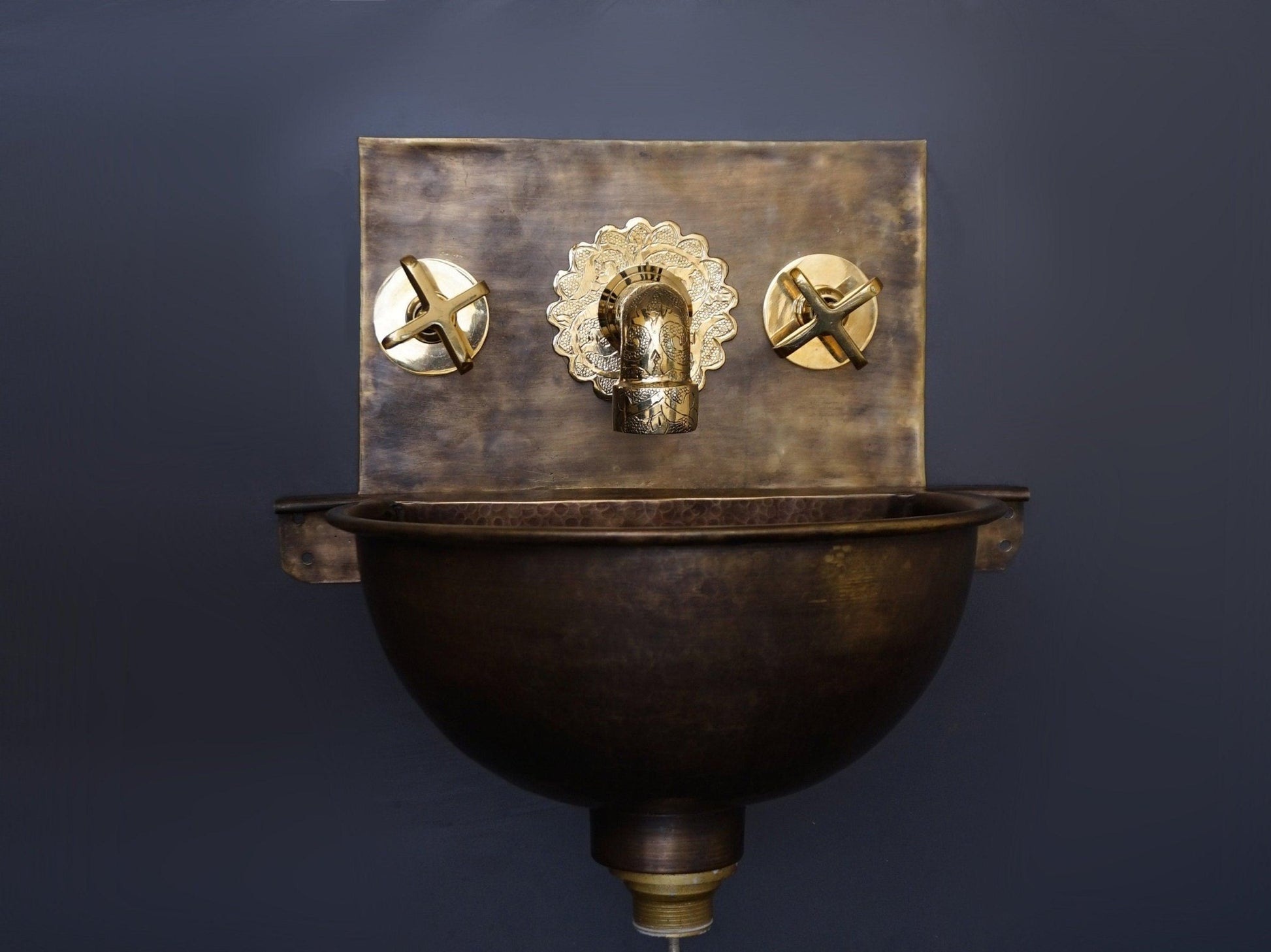 Hammered Patina Brass Wall Mount Sink With Solid Brass Faucet - Brasska
