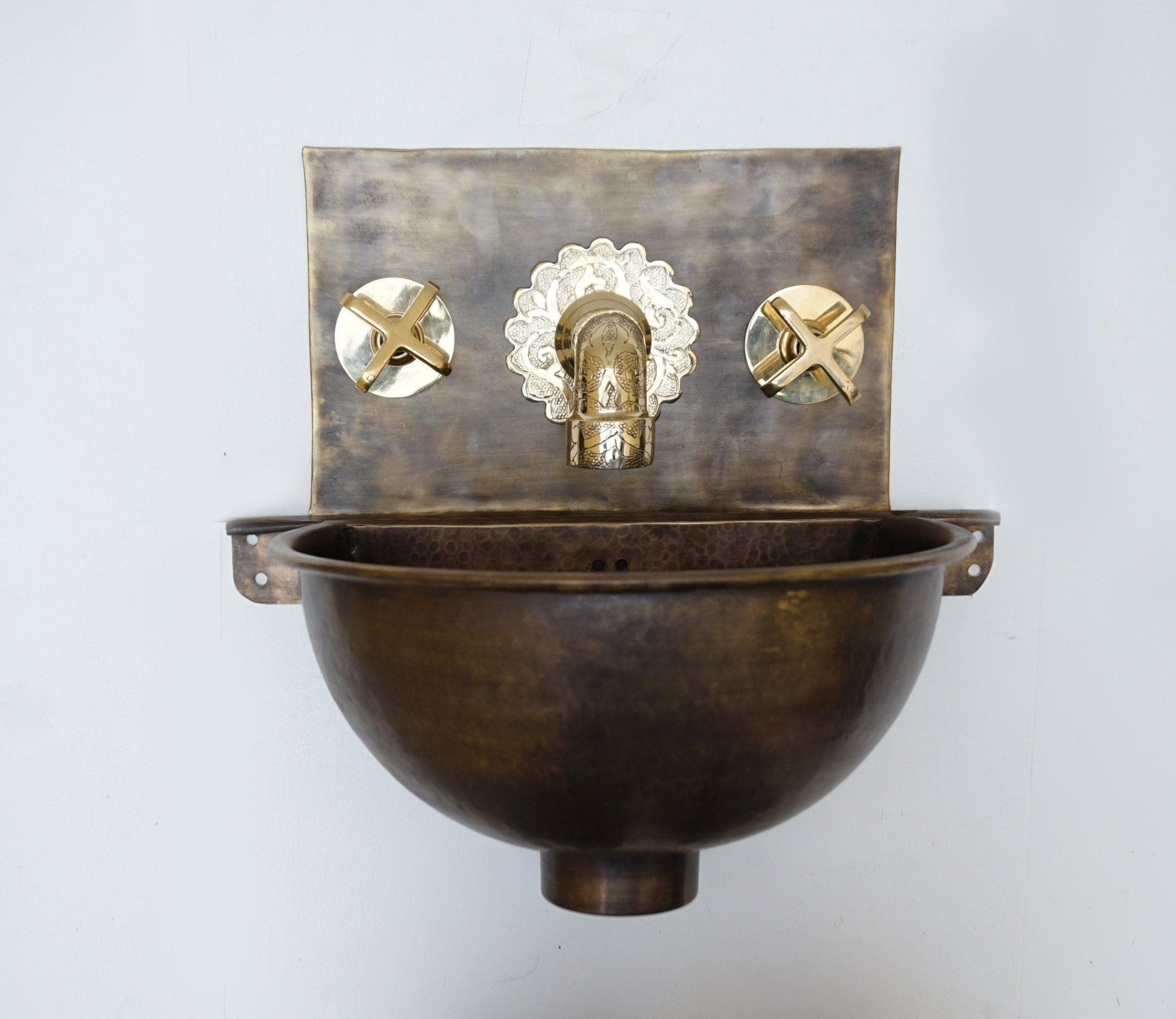 Hammered Patina Brass Wall Mount Sink With Solid Brass Faucet - Brasska