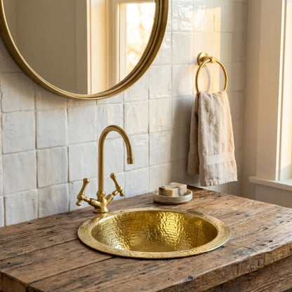Hammered Unlacquered Brass Round Bar Sink – Solid Brass Prep Sink with Drain - Brasska