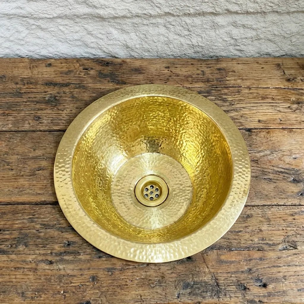 Hammered Unlacquered Brass Round Bar Sink – Solid Brass Prep Sink with Drain - Brasska