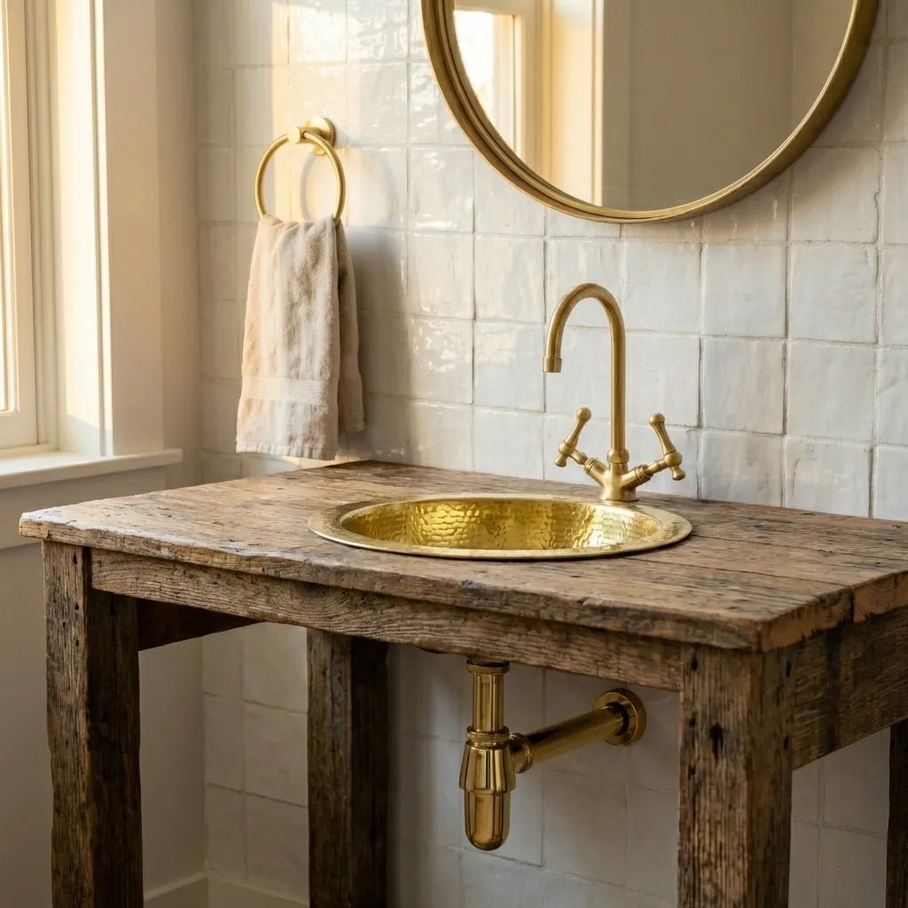 Hammered Unlacquered Brass Round Bar Sink – Solid Brass Prep Sink with Drain - Brasska