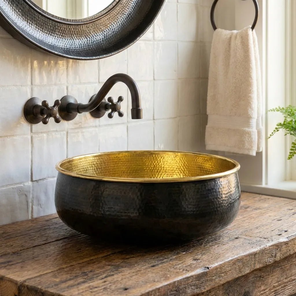 Hand-Hammered Blackened Brass Vessel Sink – Gold Interior Artisan Bathroom Basin - Brasska