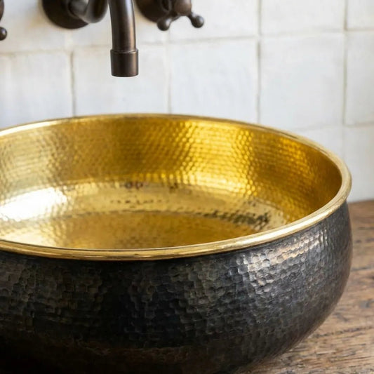 Hand-Hammered Blackened Brass Vessel Sink – Gold Interior Artisan Bathroom Basin - Brasska
