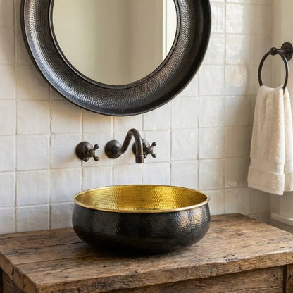 Hand-Hammered Blackened Brass Vessel Sink – Gold Interior Artisan Bathroom Basin - Brasska