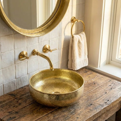 Hand-Hammered Unlacquered Brass Vessel Sink – Round Artisan Bathroom Basin - Brasska