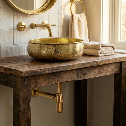 Hand-Hammered Unlacquered Brass Vessel Sink – Round Artisan Bathroom Basin - Brasska