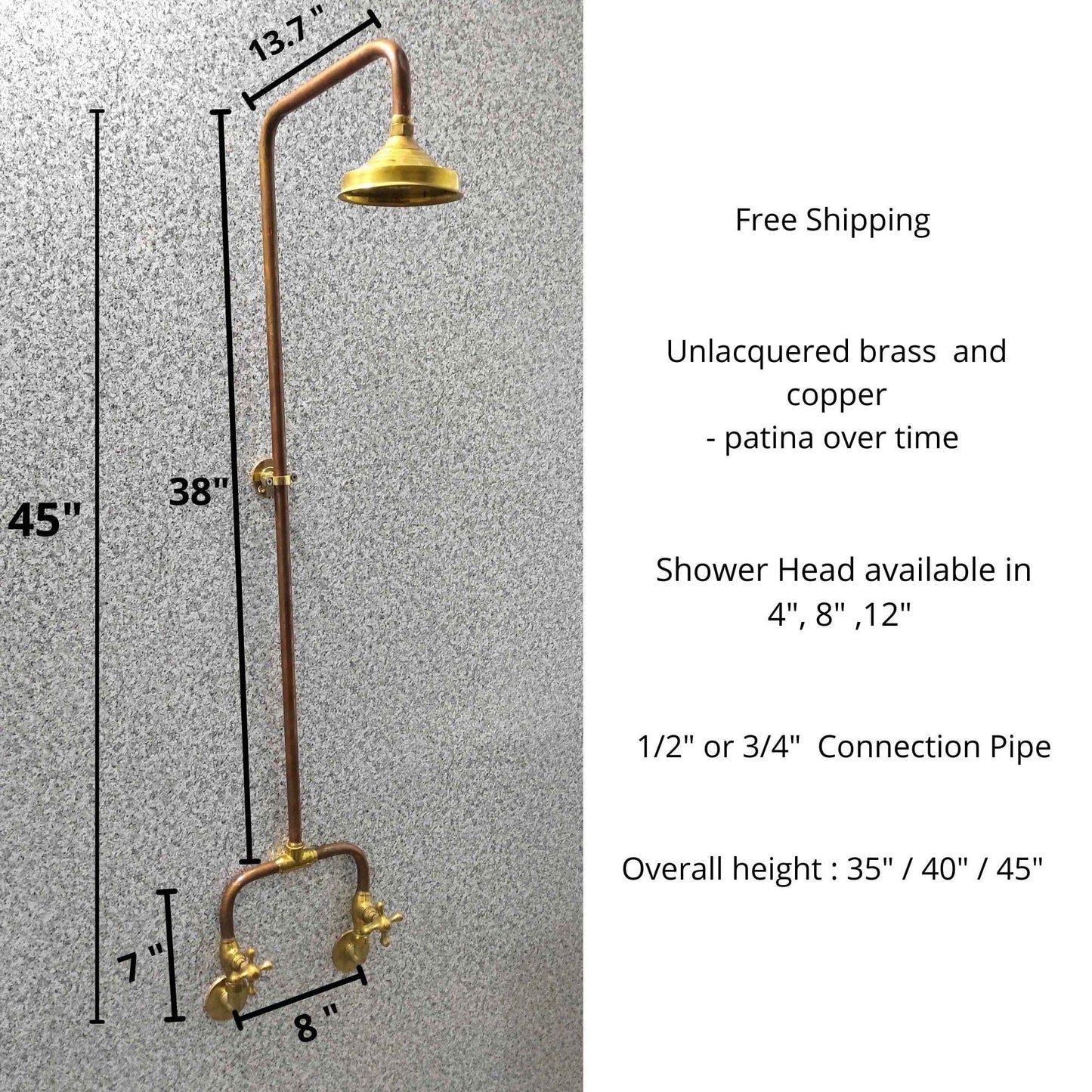 Handcrafted Copper Rainfall Outdoor Shower System with Dual Handle Valves – Wall Mounted Rustic Luxury Garden Shower Fixture - Brasska