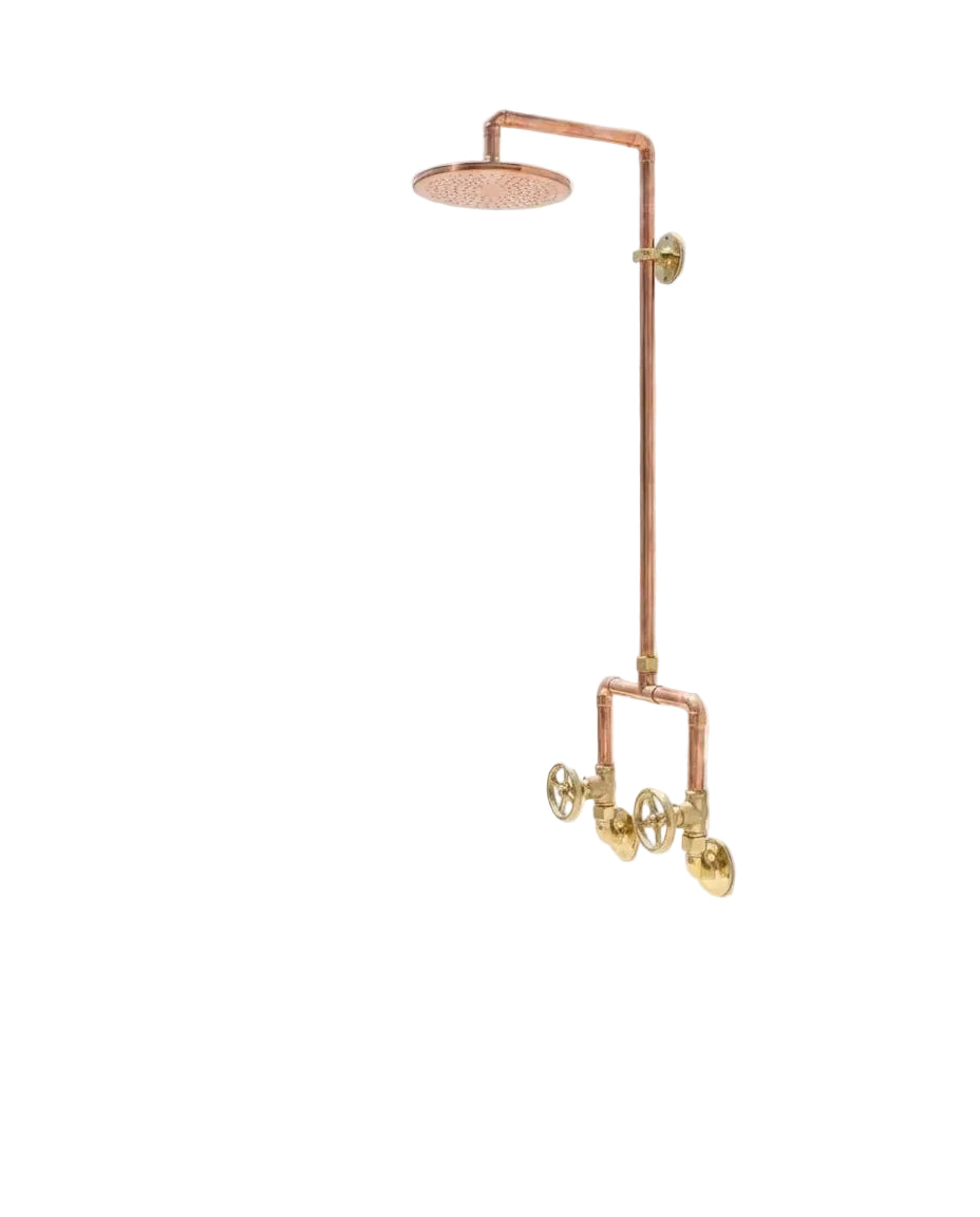 Handcrafted Copper Rainfall Outdoor Shower System with Dual Handle Valves – Wall Mounted Rustic Luxury Garden Shower Fixture - Brasska