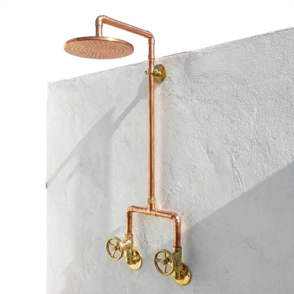 Handcrafted Copper Rainfall Outdoor Shower System with Dual Handle Valves – Wall Mounted Rustic Luxury Garden Shower Fixture - Brasska