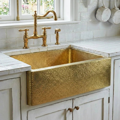 Handcrafted Hammered Brass Apron-Front Farmhouse Kitchen Sink - Brasska
