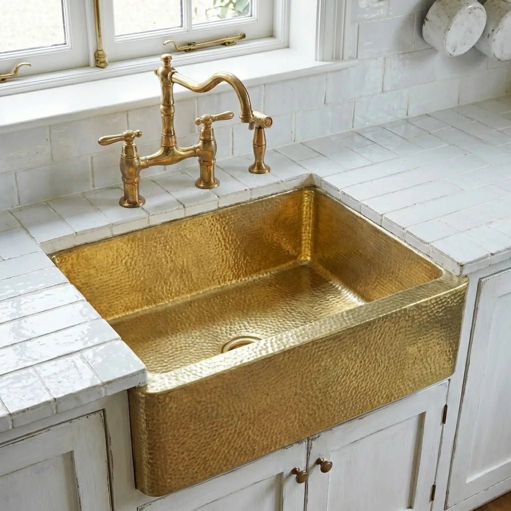 Handcrafted Hammered Brass Apron-Front Farmhouse Kitchen Sink - Brasska