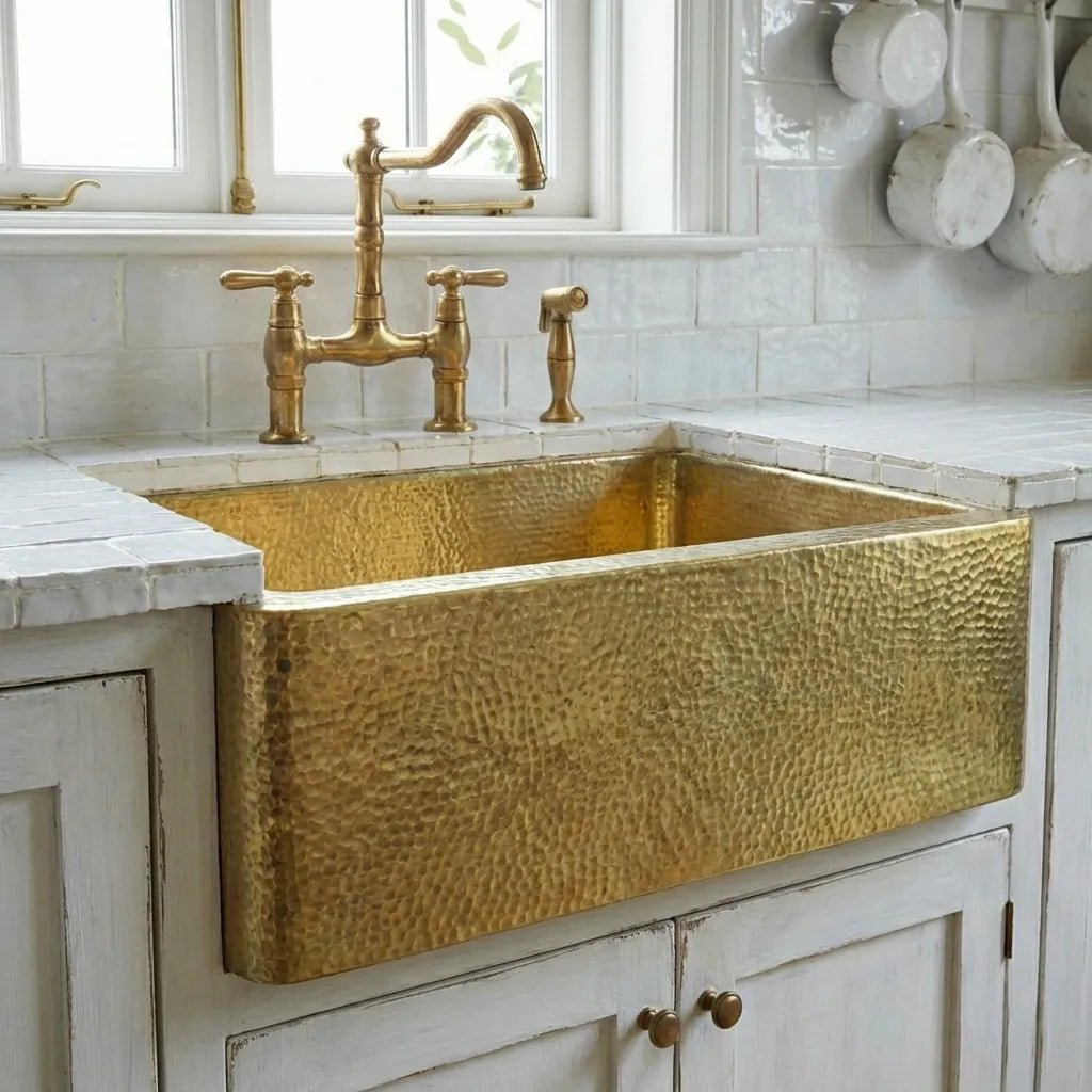 Handcrafted Hammered Brass Apron-Front Farmhouse Kitchen Sink - Brasska