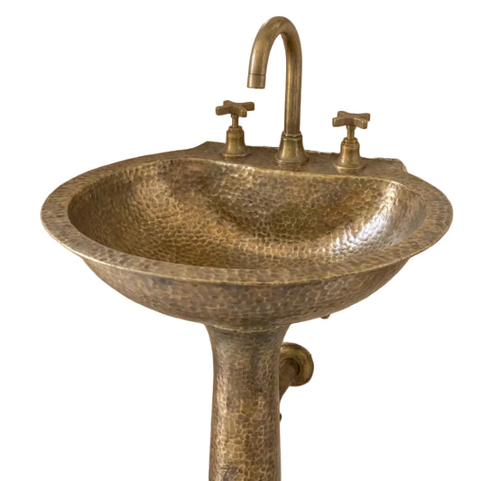 Handcrafted Hammered Brass Pedestal Sink – Vintage Unlacquered Bathroom Basin - Brasska