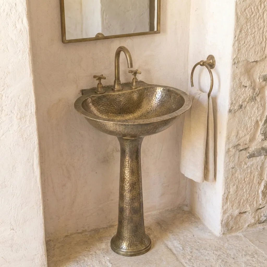 Handcrafted Hammered Brass Pedestal Sink – Vintage Unlacquered Bathroom Basin - Brasska