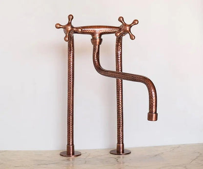 Handcrafted Hammered Copper Kitchen Faucet with dual cross handles and brass finish, showcasing vintage style and durable construction.